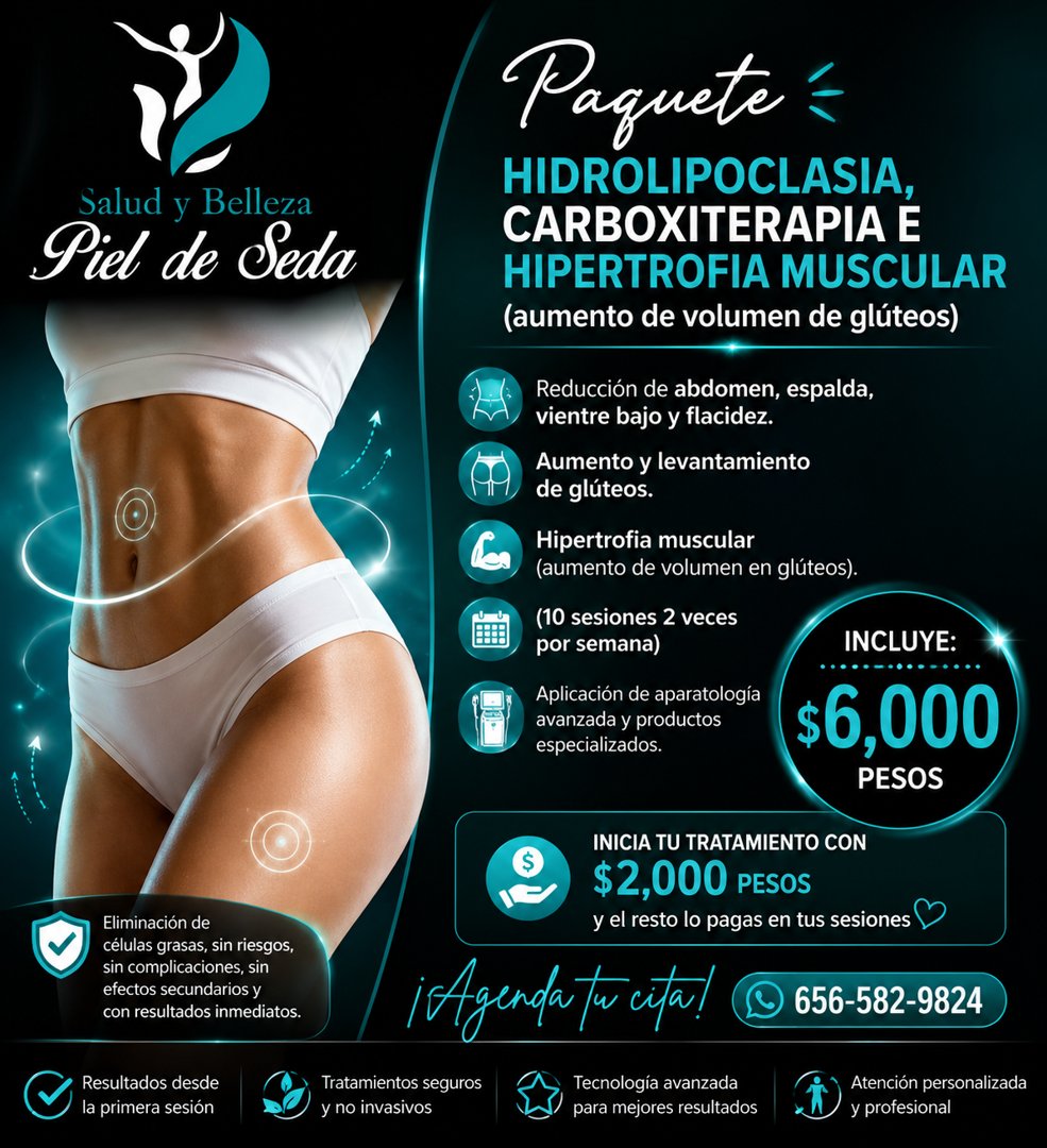 Anuncio de Pieldesedajuarez 1: Paquete de tratamientos corporales (hidrolipoclasia, carboxiterapia, hipertrofia muscular)
