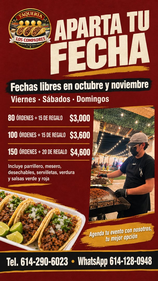 Anuncio de Taqueria Los Compadres: paquetes de tacos para eventos